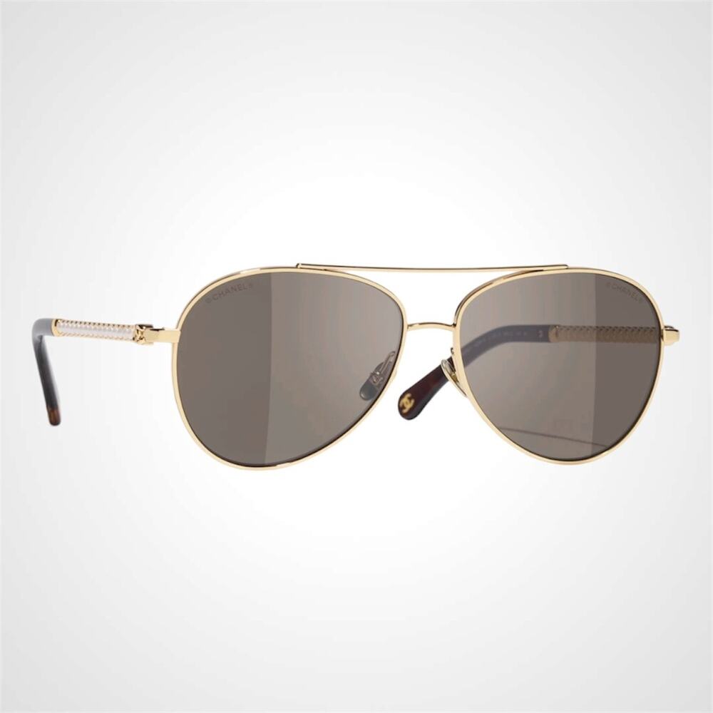 New CHANEL Sunglasses Gold Brown Metal Aviator Pilot White Pearl Arms Authentic - Picture 4 of 7